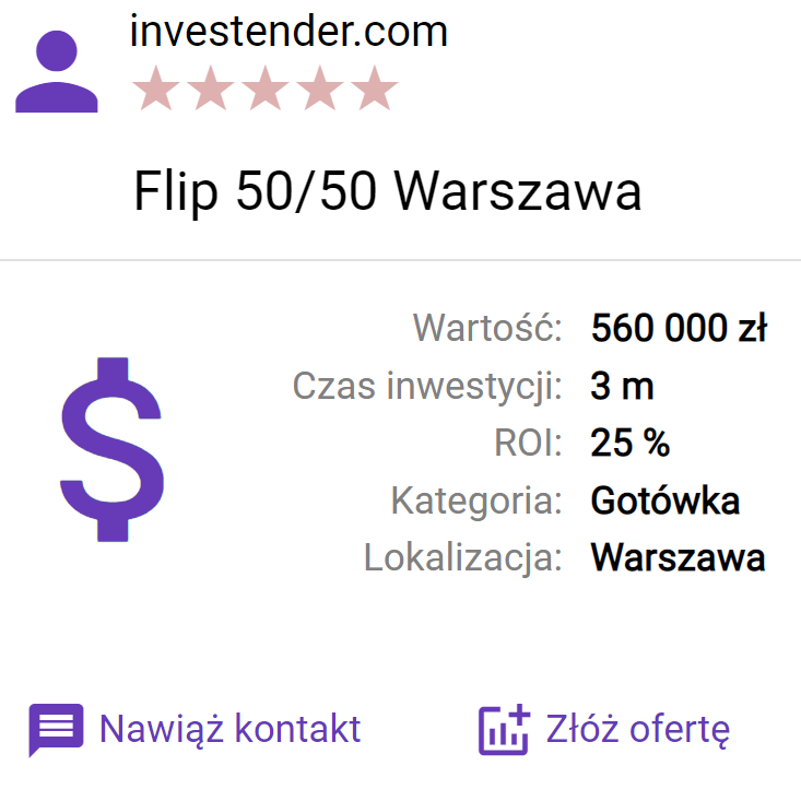 Investender nieruchomości: Flip 50/50 Warszawa, Wartość: 560 000 zł, Czas inwestycji: 3m, ROI: 5%, Kategoria: Gotówka, Lokalizacja: Warszawa