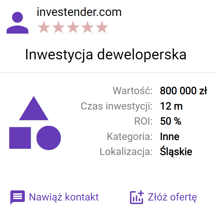 Investender nieruchomości: Inwestycja deweloperska, Wartość: 800 000 zł, Czas inwestycji: 12m, ROI: 5%, Kategoria: Inne, Lokalizacja: śląskie