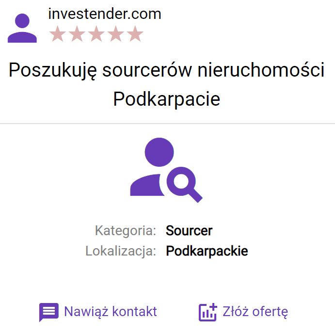 Investender nieruchomości: Poszukuję sourceró nieruchomości Podkarpacie, Kategoria: Sourcer, Lokalizacja: Podkarpackie
